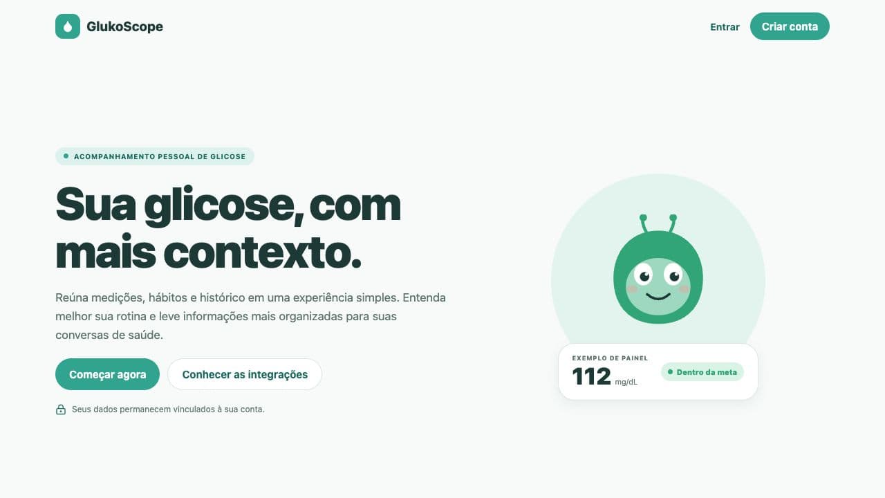 GlukoScope landing page showing the product proposition and an example glucose panel.